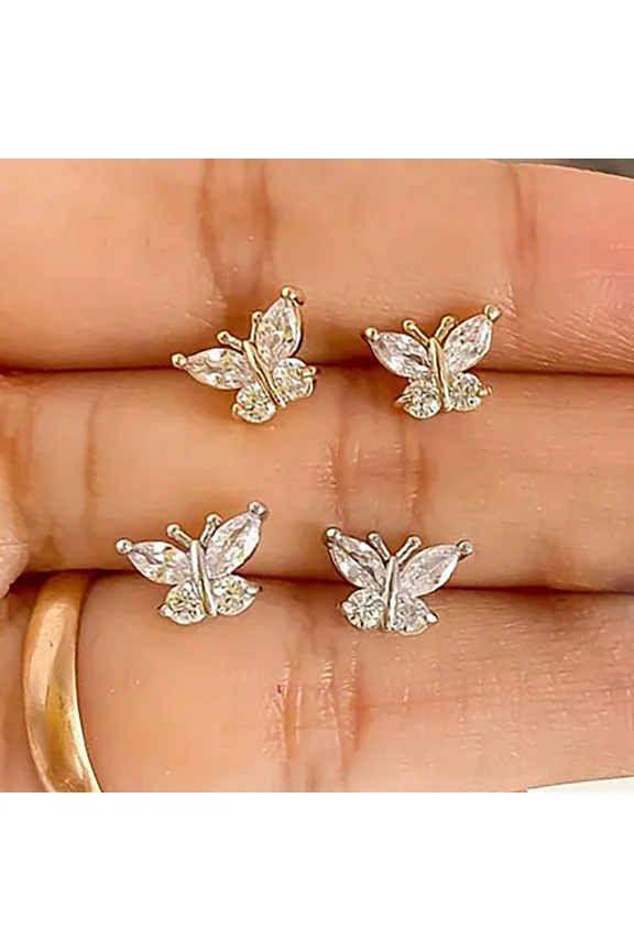 Women Cute Butterfly 925 Silver,Gold Plated Stud Earrings Cubic Zirconia Jewelry