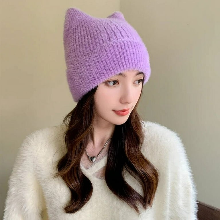 Women Cute Cat Ear Earflap Winter Hat Fashion Faux Fur Knitted Hat