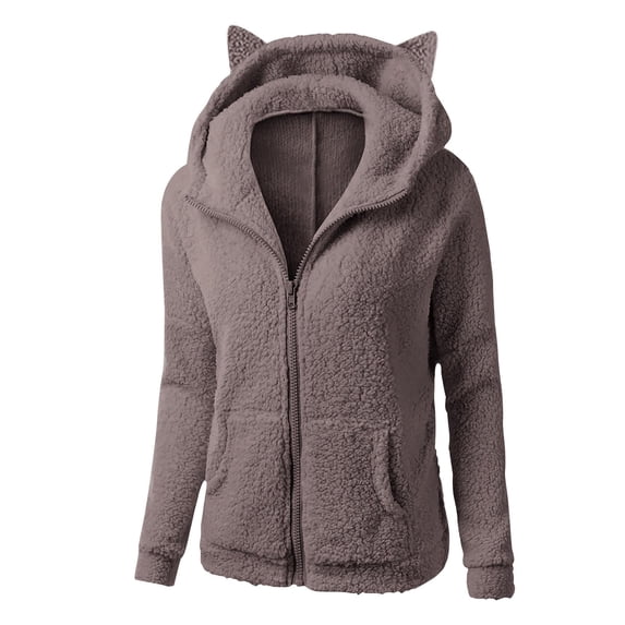 Women Cute Cat Ear Fleece Hoodies Zipper Fuzzy Sherpa Jackets Long Sleeve Casual Cozy Warm Winter Coat Outwear