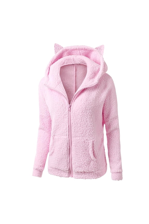 Women Cute Cat Ear Fleece Hoodies Zipper Fuzzy Sherpa Jackets Long Sleeve Casual Cozy Warm Winter Coat Outwear