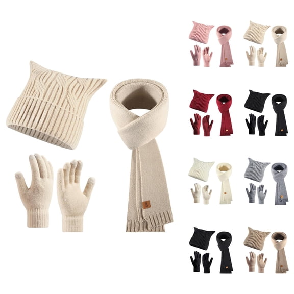 Women Cute Cat Ear Knit Hat Scarf Gloves Set Warm Thick Winter 3PCS Soft Cozy Cable Knit Accessories Fashion Cold Weather Gear for Outdoor Travel Snow Gifts for Girls Ladies Stylish Wear Ski
