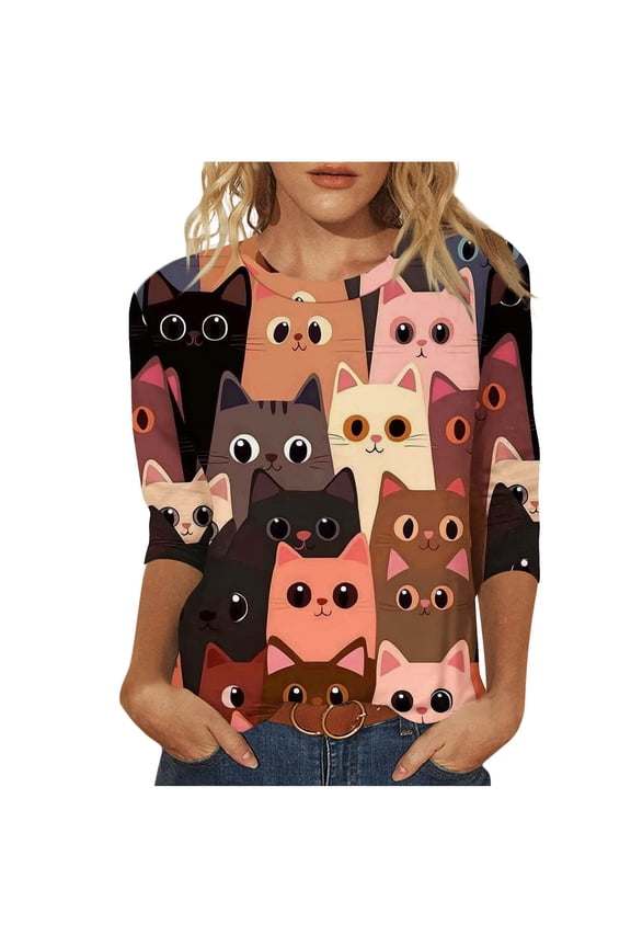 Women Cute Cat Print T-Shirt 3/4 Sleeve Summer Vacation Trendy Casual Loose Holiday Blouse and Tee Top