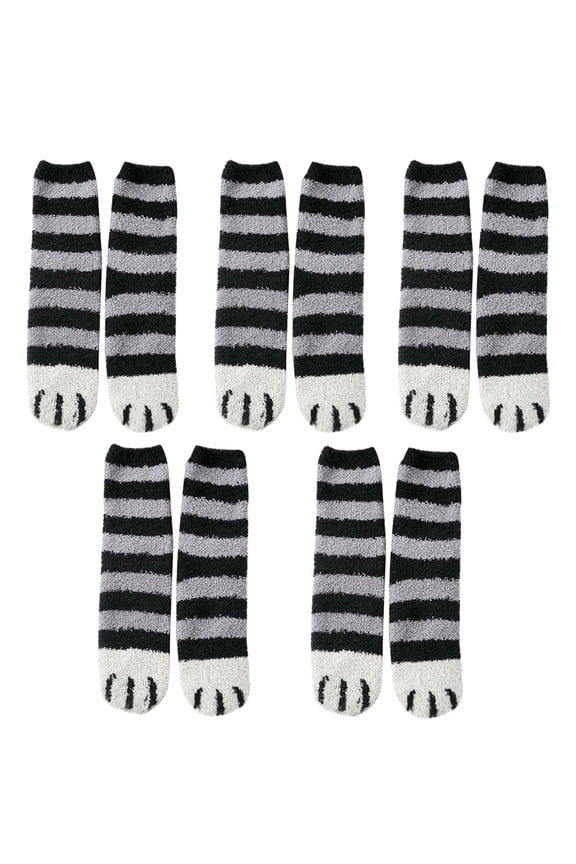 Women Cute Cat Socks 5 Pairs Fuzzy Socks Winter Fluffy Cozy Plush Slipper Socks with Paw Print in Dark Gray