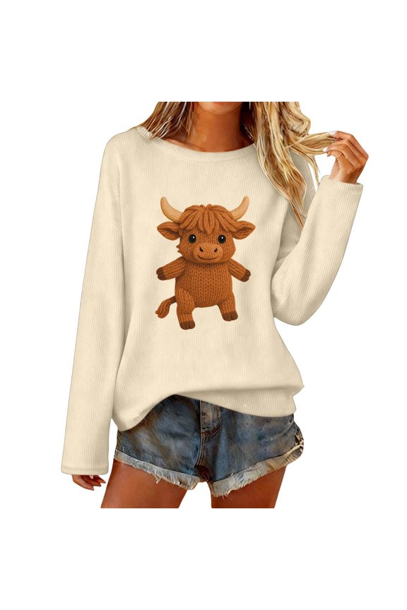 Women Cute Character Embroidered Knit Sweatshirt Ribbed Chunky Texture Crew Neck Long Sleeve Pullover