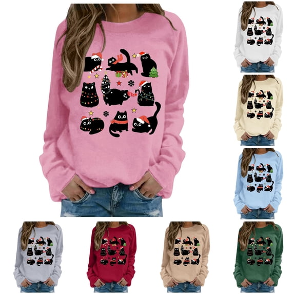 Women Cute Christmas Cat Graphic Crewneck Sweatshirt Casual Holiday Xmas Long Sleeve Pullover Top
