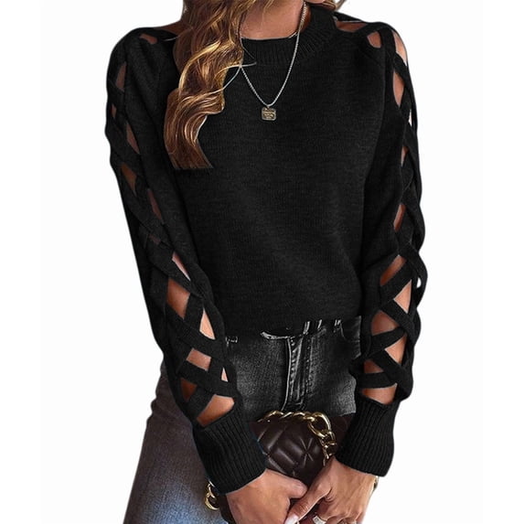 Women Cute Cold Shoulder Pullover Sweaters Knitted Cozy Fitted Long Sleeve Trendy Sweater Black S