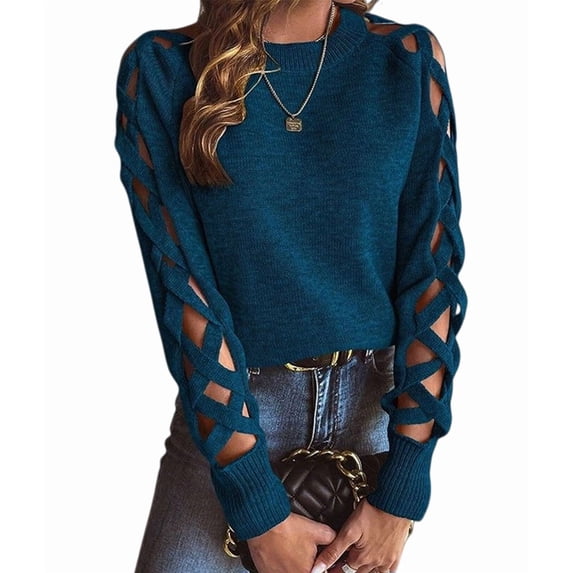 Women Cute Cold Shoulder Pullover Sweaters Knitted Cozy Fitted Long Sleeve Trendy Sweater Blue S