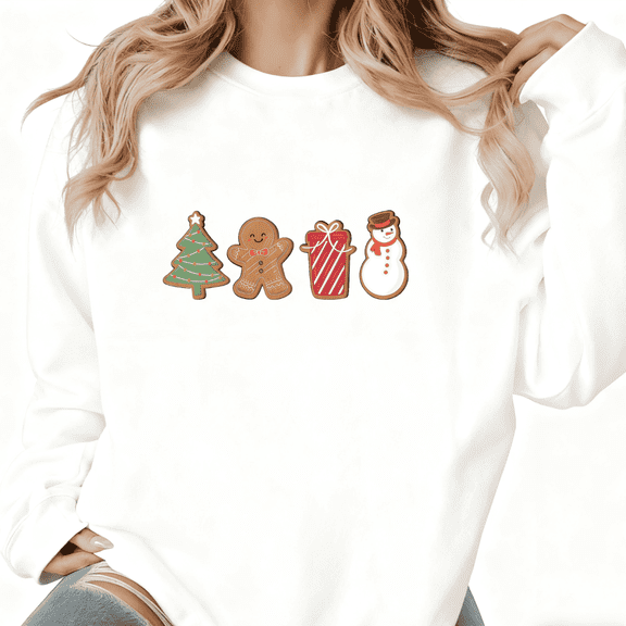 Women Cute Cookie Graphic Tee T-Shirt Christmas Cookie Tree Snowman Print Top Trendy Round-neck long-sleeved white S-3XL