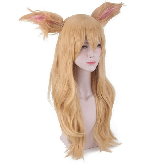 Women Cute Cosplay Wig Long Straight Blonde Gold Hair Ears Women Anime Wigs