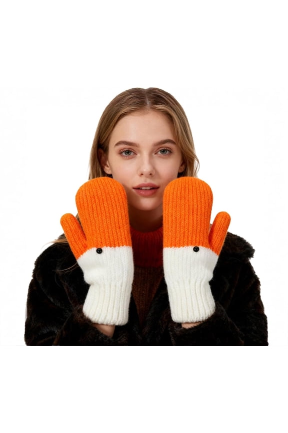 Women Cute Crochet Knit Gloves Novelty Cartoon Animal Goose Duck Mittens Men Fleece-Lined Thermal Winter Warm Gloves