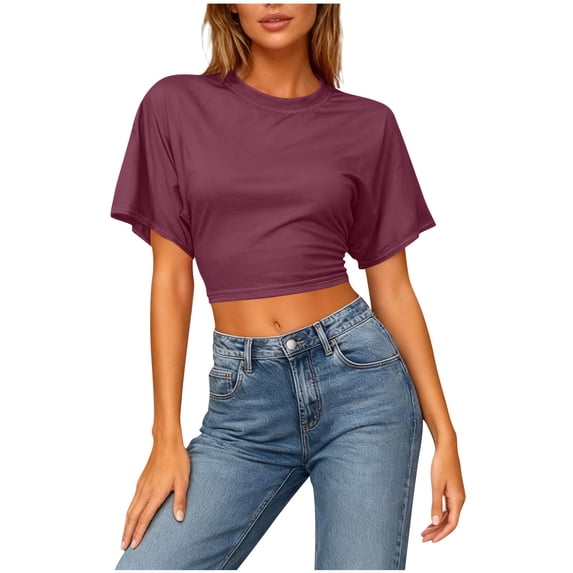 Women Cute Cropped T-Shirts Short Sleeve Boxy Crewneck Summer Tee Shirts Basic Solid Workout Gym Tops
