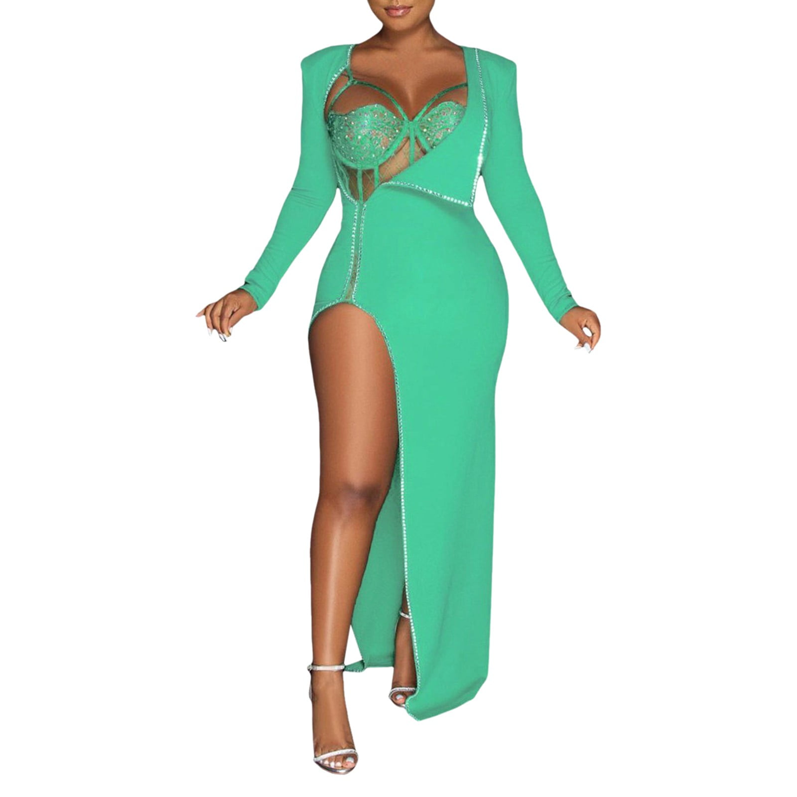 Women Cute Dresses Club plus Size New Years Eve Outfits Women Night Elegant High Slit Women Long Evening Dresses Elegant Mesh Hot Drilling Process Long Slit Dresses Bodycon Maxi Dress Fashion Lon Walm...