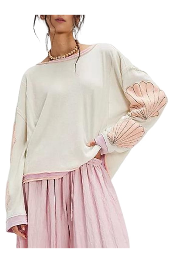 Women Cute Floral Graphic Sweatshirt Teen Girls Y2K Aesthetic Preppy Pullover Top Oversized Loose Pink XL