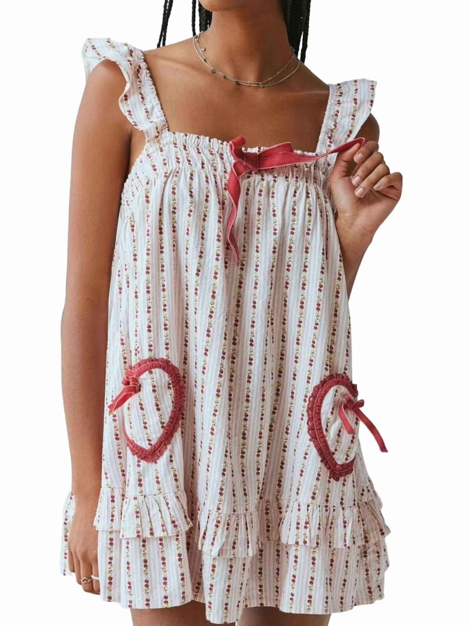 Women Cute Floral Printed Mini Dress Sleeveless Front Loose Ruffled Short Dress Summer Gingham Babydoll Red L