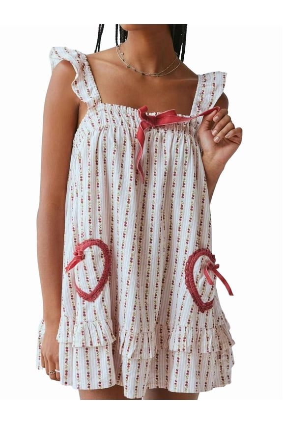 Women Cute Floral Printed Mini Dress Sleeveless Front Loose Ruffled Short Dress Summer Gingham Babydoll Red L