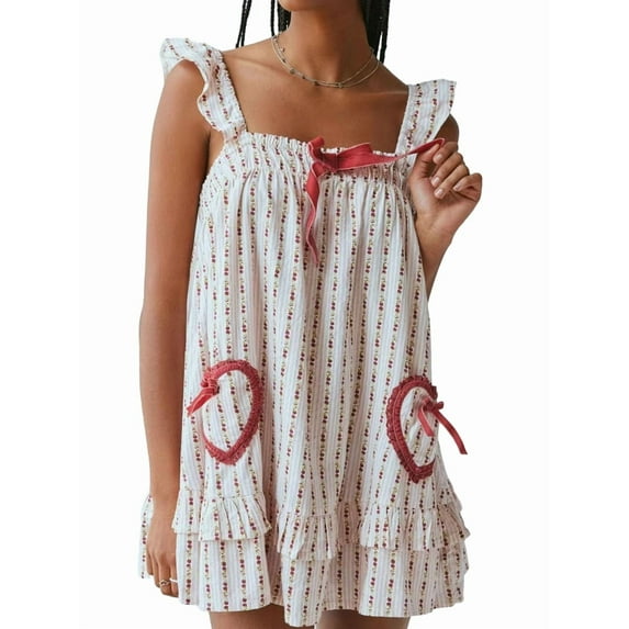 Women Cute Floral Printed Mini Dress Sleeveless Front Loose Ruffled Short Dress Summer Gingham Babydoll Red S