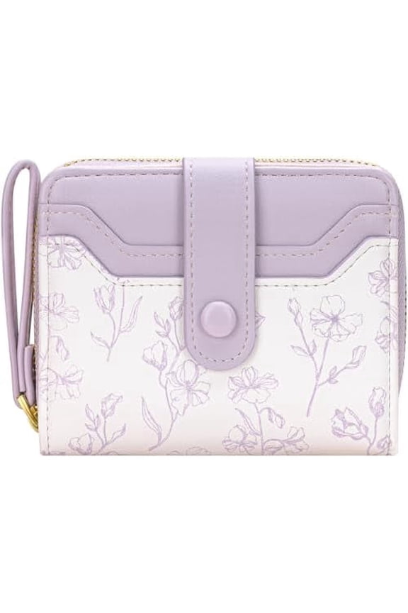 Women Cute Floral RFID Wallet – Small Bifold Purse with Zipper Coin Pocket, 6 Card Slots & ID Window | Compact Credit Card Holder with Wrist Strap, Stylish Flower-Printed Daily Travel Purse(Lavender)