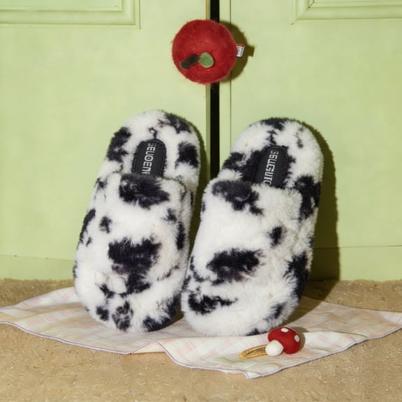 Women Cute Funny Cow Indoor Memory Sponge Home Slippers, Non-slip Waterproof Soles Fun Easter Mother's Day Gift, Black