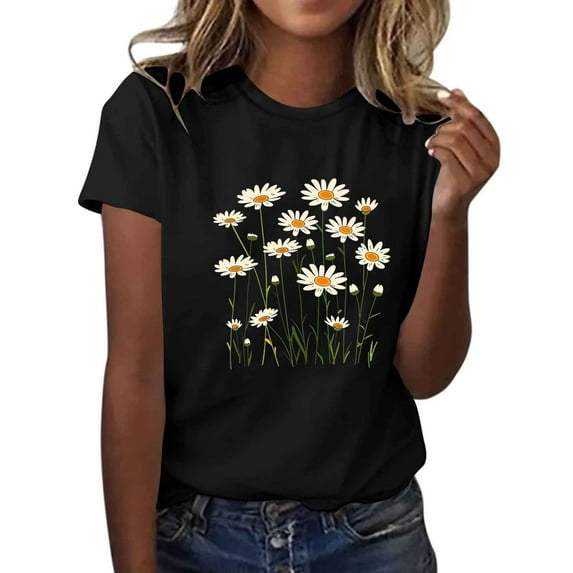 Women Cute Funny Graphic T Shirts - Sunflower Print Short Sleeve Tees Shirts Casual Crew Neck Blouse Summer Tops New, 34-Black, L