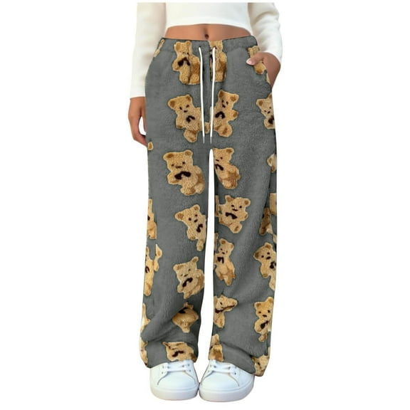 Women Cute Fuzzy Teddy Bear Pants Plush Fleece Elastic Waist Wide Leg Pajama Pant Drawstring Baggy Loungewear with Pockets