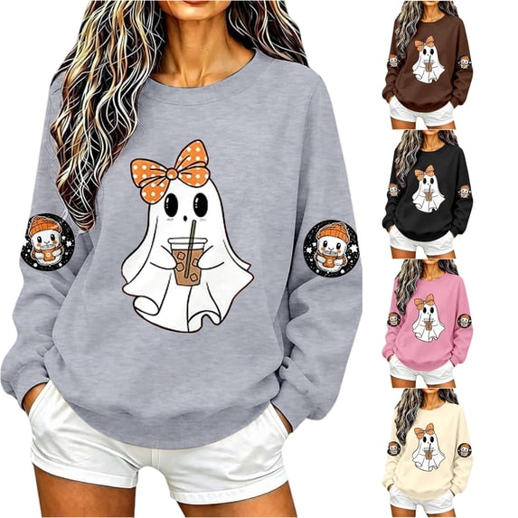 Women Cute Ghost Bow Graphic Crewneck Sweatshirt Halloween Pullover