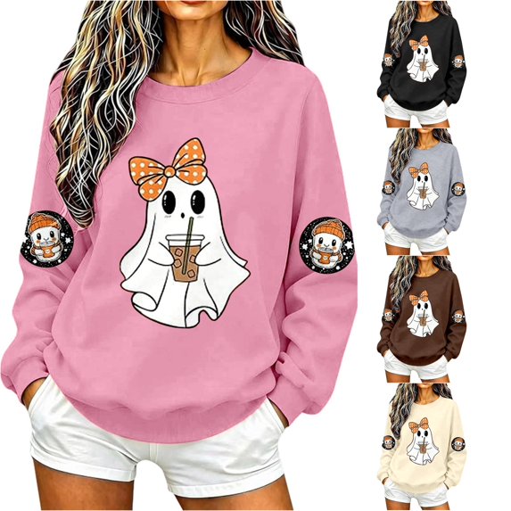 Women Cute Ghost Bow Graphic Crewneck Sweatshirt Halloween Pullover