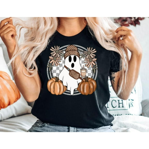 Women Cute Ghost Graphic Tee Boujee Halloween Design Fall Spooky Season Comfort T-Shirt Black S-5XL
