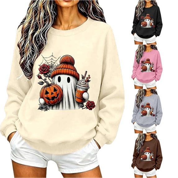 Women Cute Ghost Pumpkin Rose Graphic Crewneck Sweatshirt Halloween Pullover Top for Holiday