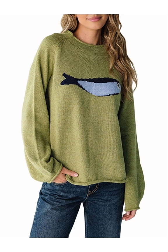Women Cute Graphic Oversized Knitwear Long Sleeve Pullover Top Loose Fit Fall Streetwear Y2k Tops Green L