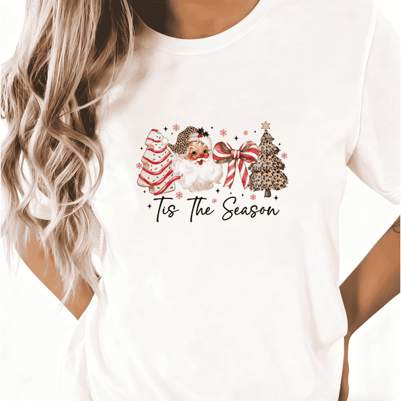 Women Cute Graphic Tee T-Shirt Tis The Season Leopard Santa Christmas Print Top Short Sleeve Round Neck White S-5XL