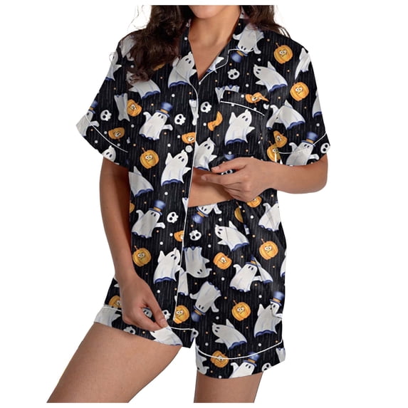Women Cute Halloween Pumpkin Pajama Set 2 Piece Y2k Silky Satin Button Down Short Sleeve Shirt Shorts Sets Loungewear Black L
