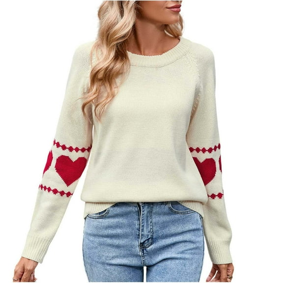 Women Cute Heart Sweaters Long Sleeve Valentines Day Sweater Crew Neck Casual Ribbed Knit Pullover Top Beige, M