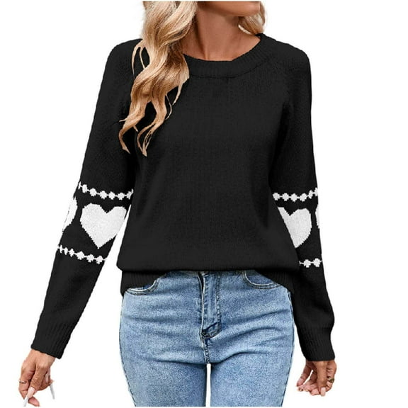Women Cute Heart Sweaters Long Sleeve Valentines Day Sweater Crew Neck Casual Ribbed Knit Pullover Top Black, S