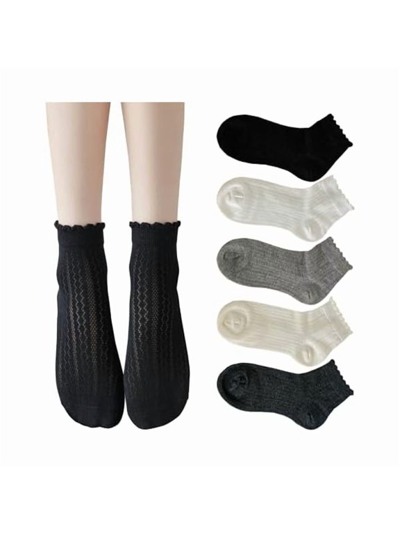 Women Cute Hollow Out Crochet Mesh Ankle Socks Scalloped Pointelle Solid Breathable Casual Socks 5 Pairs