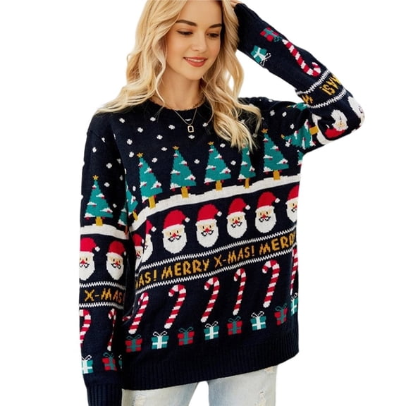 Women Cute Long Sleeve Crew Neck Santa Claus Knitted Sweater Ugly Christmas Sweater Pullover Top Navy Blue S