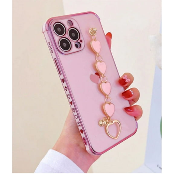 Women Cute Love Heart Wrist Chain iPhone 14 Case-Girls Soft Silicone Bracelet Cover iPhone 14 Cases Girls With Free Gift
