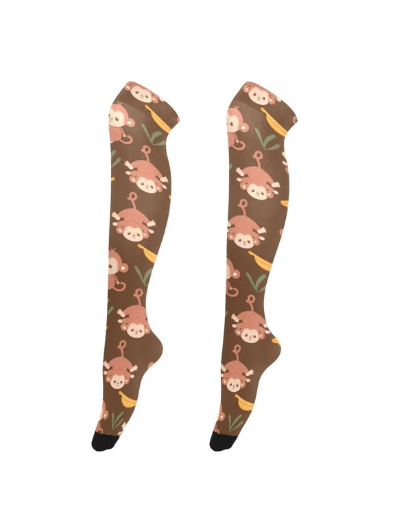 Women Cute Monkey Banana Pattern Over Knee Thigh High Socks