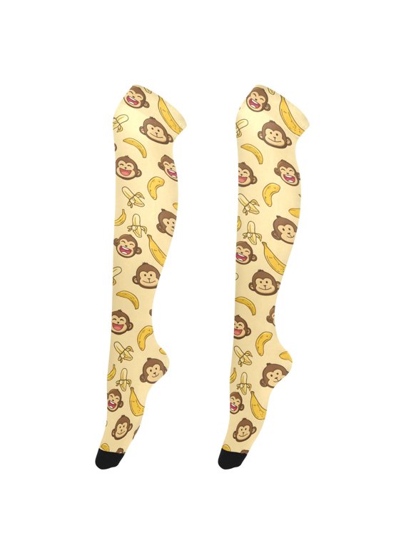 Women Cute Monkey Banana Pattern Over Knee Thigh High Socks
