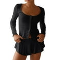 thumbnail image 1 of Women Cute Pajamas Set Long Sleeve Button Down Top Ruffle Shorts 2 Piece Lounge Sets Y2k Sleepwear Black XL, 1 of 6