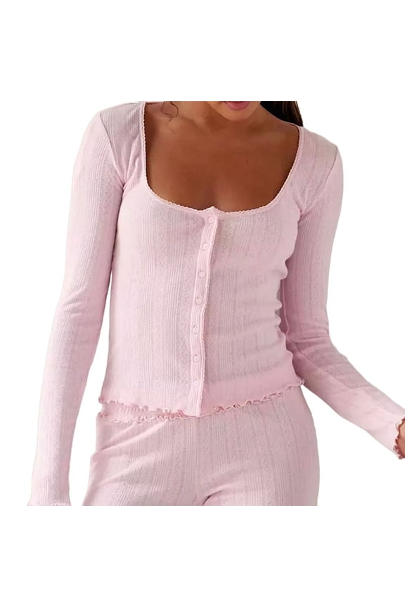 Women Cute Pajamas Set Long Sleeve Button Down Top Ruffle Shorts 2 Piece Lounge Sets Y2k Sleepwear Pink M