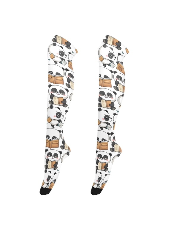 Women Cute Pandas Reading Pattern Over Knee Thigh High Socks