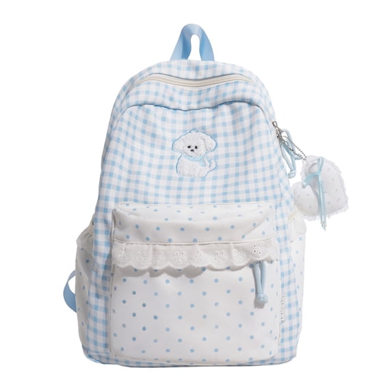 Women Cute Plaid Lace Trim Backpack, 16.53In X 12.20In X 4.72In Bookbag, Polka‑Dot Outer Pockets For Travel & Daily Errands (Blue)