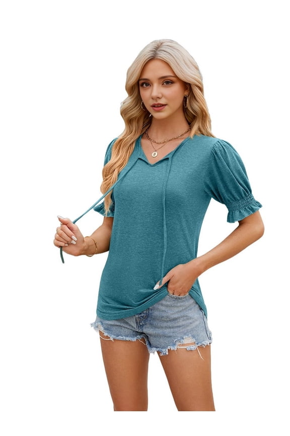 Women Cute Puff Sleeve Tops Summer Slim Fit V Neck Shirts Trendy Y2k Going Out Tops Casual Blouses Tunic Tees Blue XXL
