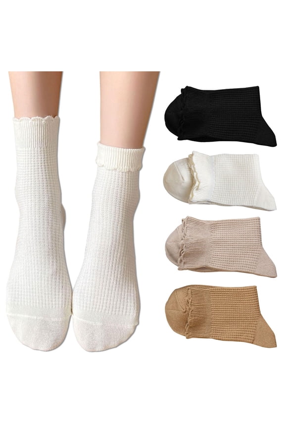 Women Cute Ruffle Frilly Turn Cuff Ankle Socks Scalloped Pointelle Solid Casual Crew Socks 4 Pairs