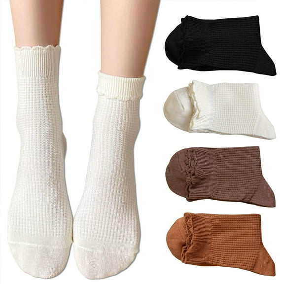 Women Cute Ruffle Frilly Turn Cuff Ankle Socks Scalloped Pointelle Solid Casual Crew Socks 4 Pairs
