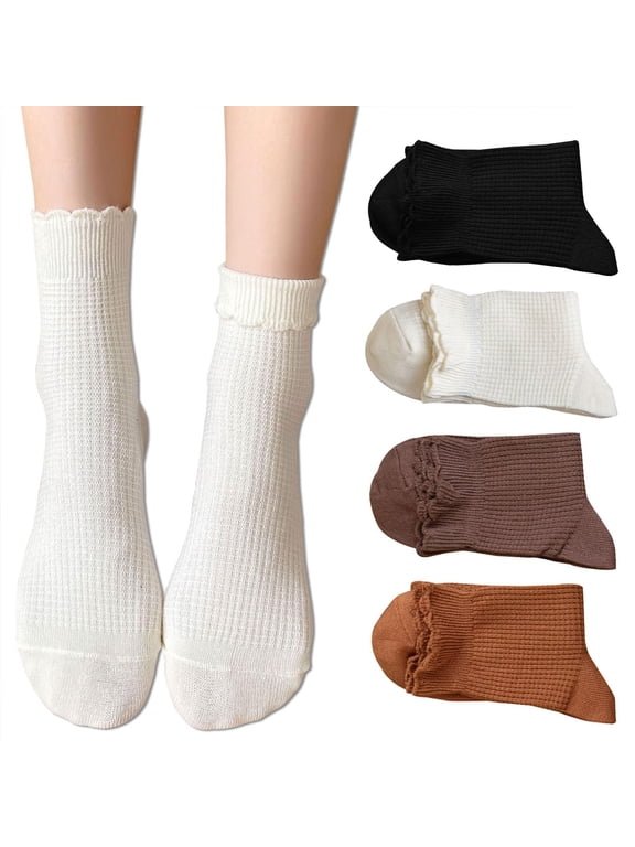 Women Cute Ruffle Frilly Turn Cuff Ankle Socks Scalloped Pointelle Solid Casual Crew Socks 4 Pairs
