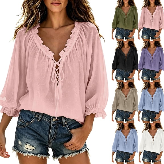 Women Cute Ruffle Tops Summer Clothes 3/4 Sleeve Tie Front Flowy Top Ruffle V Neck Fall Fashion Going Out Shirts Pink S