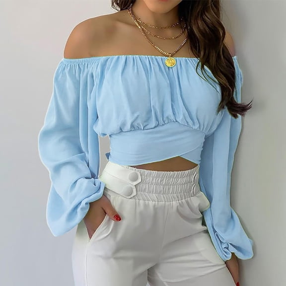 Women Cute Off Shoulder Long Sleeve Self Tie Knot Crop Tube Top Blouse Long Sheer Tunic Satin Chiffon Blouse Womens Long Button down Blouse Long Sleeved Linen Blouse Womens Dressy Blouse Colla Blouses