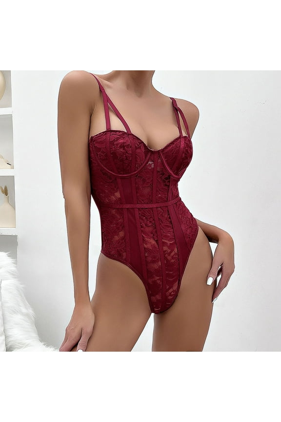 Women Cute Sleepwear Bodysuit Mesh Teddy Sheer Lace Bustier Corset Waist Cincher Overbust One Piece Babydoll