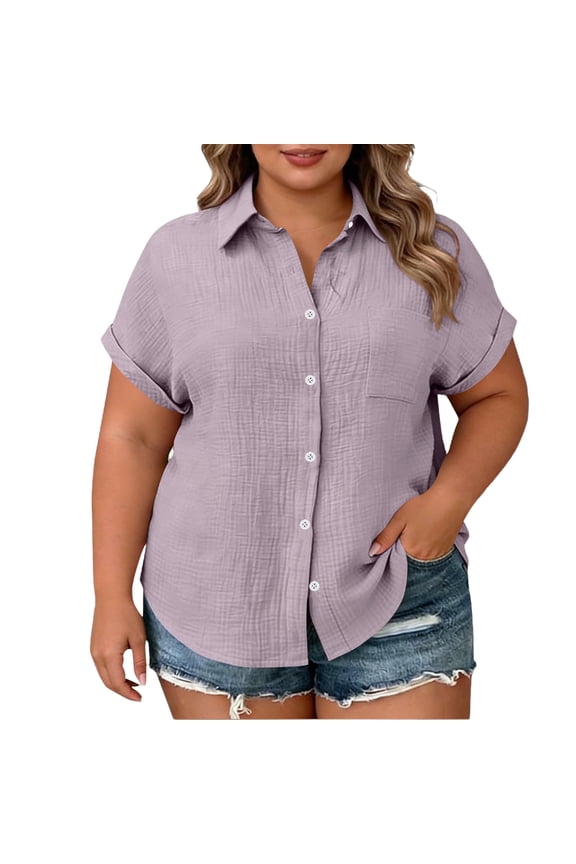 Women Cute Tops Sawvnm Women's Plus Size Short Sleeve Button Down Shirt With Notch Collar And Patch Pockets Tshirts for Women Purple XL